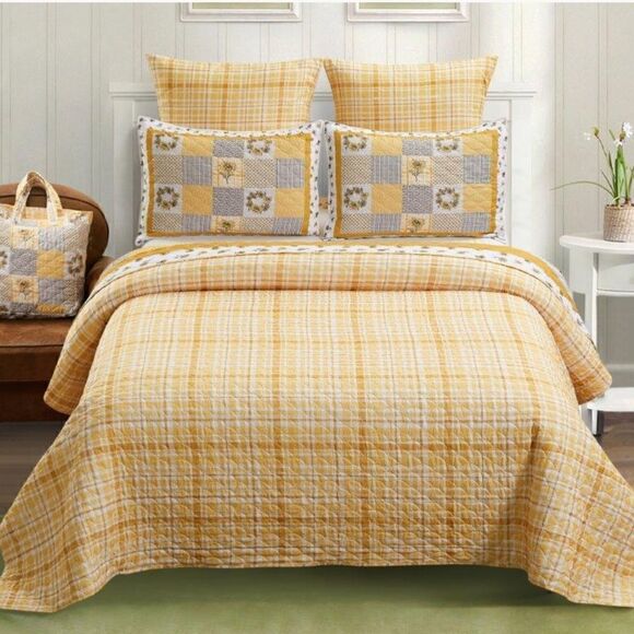 Farmhouse Sunflower Garden Patchwork QUEEN Printed Quilt Set Bonus Tote Bag - Picture 3 of 10